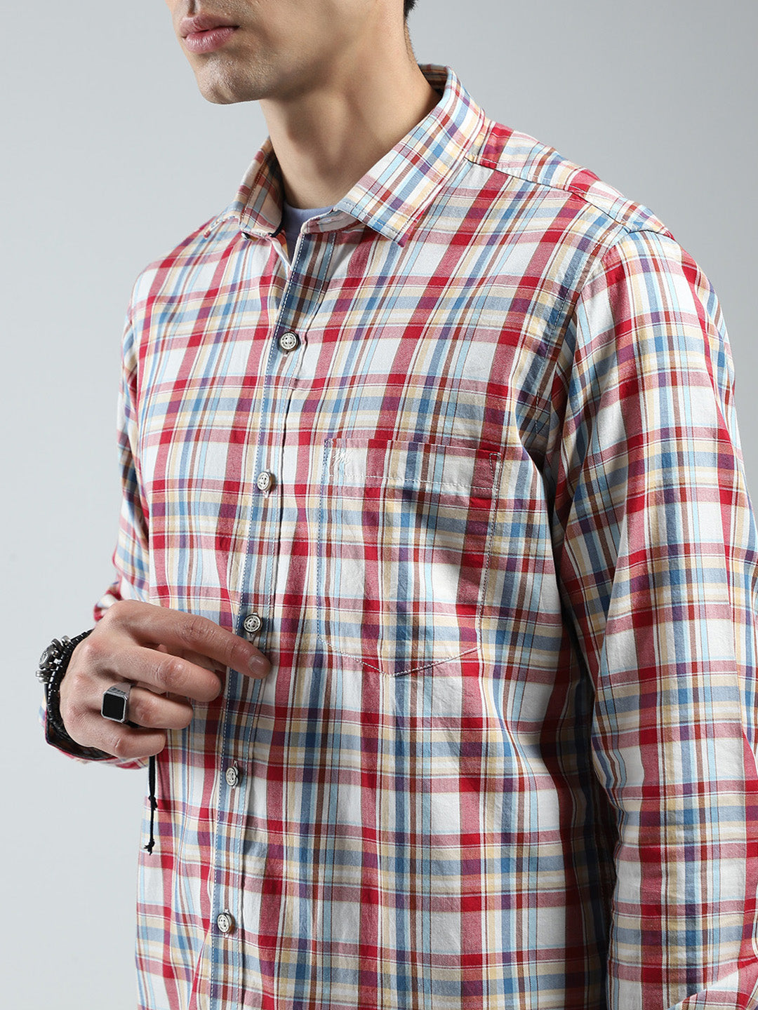 Men Red Check Collar Full Sleeve Shirt