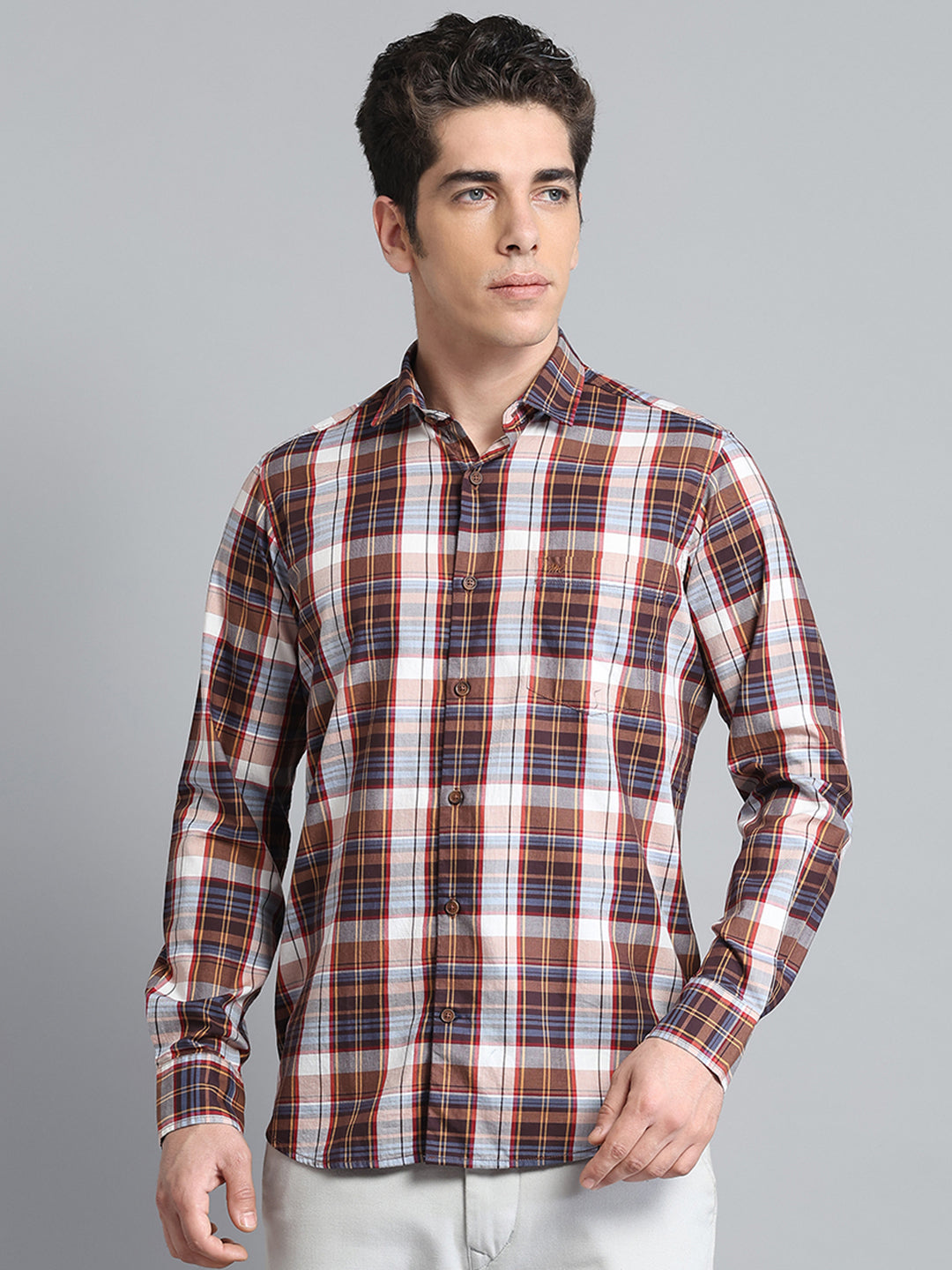 Men Brown Check Collar Full Sleeve Shirt