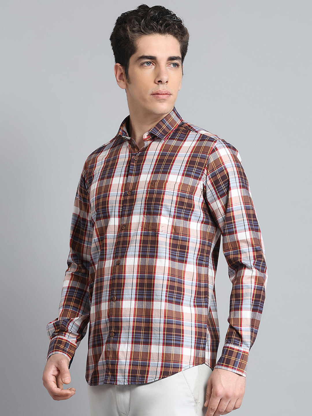 Men Brown Check Collar Full Sleeve Shirt