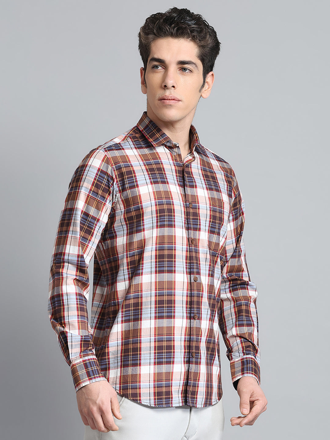 Men Brown Check Collar Full Sleeve Shirt