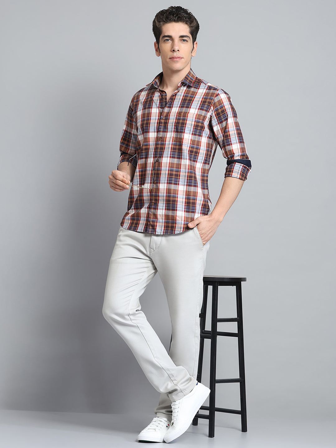 Men Brown Check Collar Full Sleeve Shirt