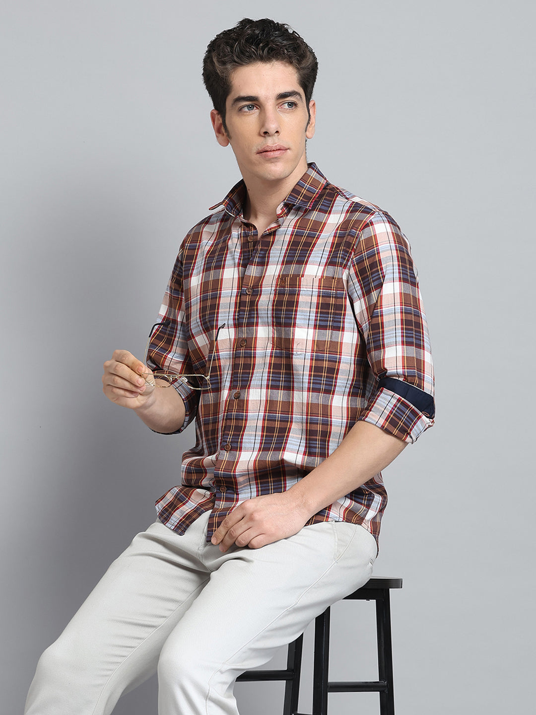 Men Brown Check Collar Full Sleeve Shirt