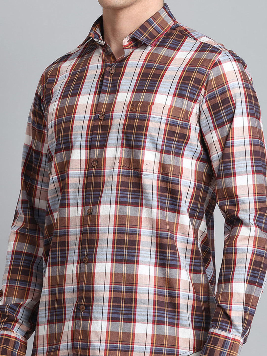 Men Brown Check Collar Full Sleeve Shirt