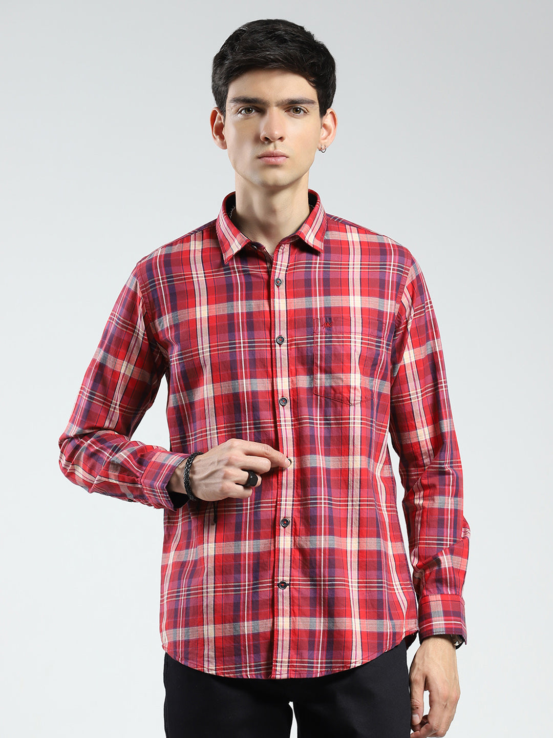 Men Red Check Collar Full Sleeve Shirt