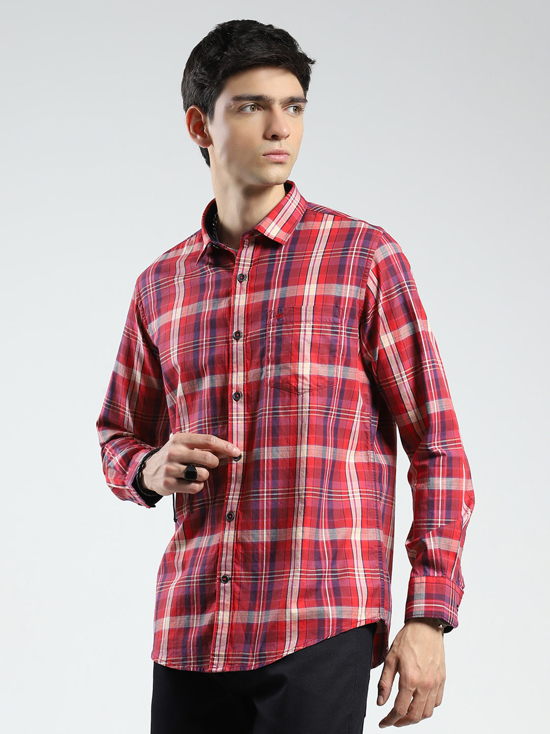 Men Red Check Collar Full Sleeve Shirt