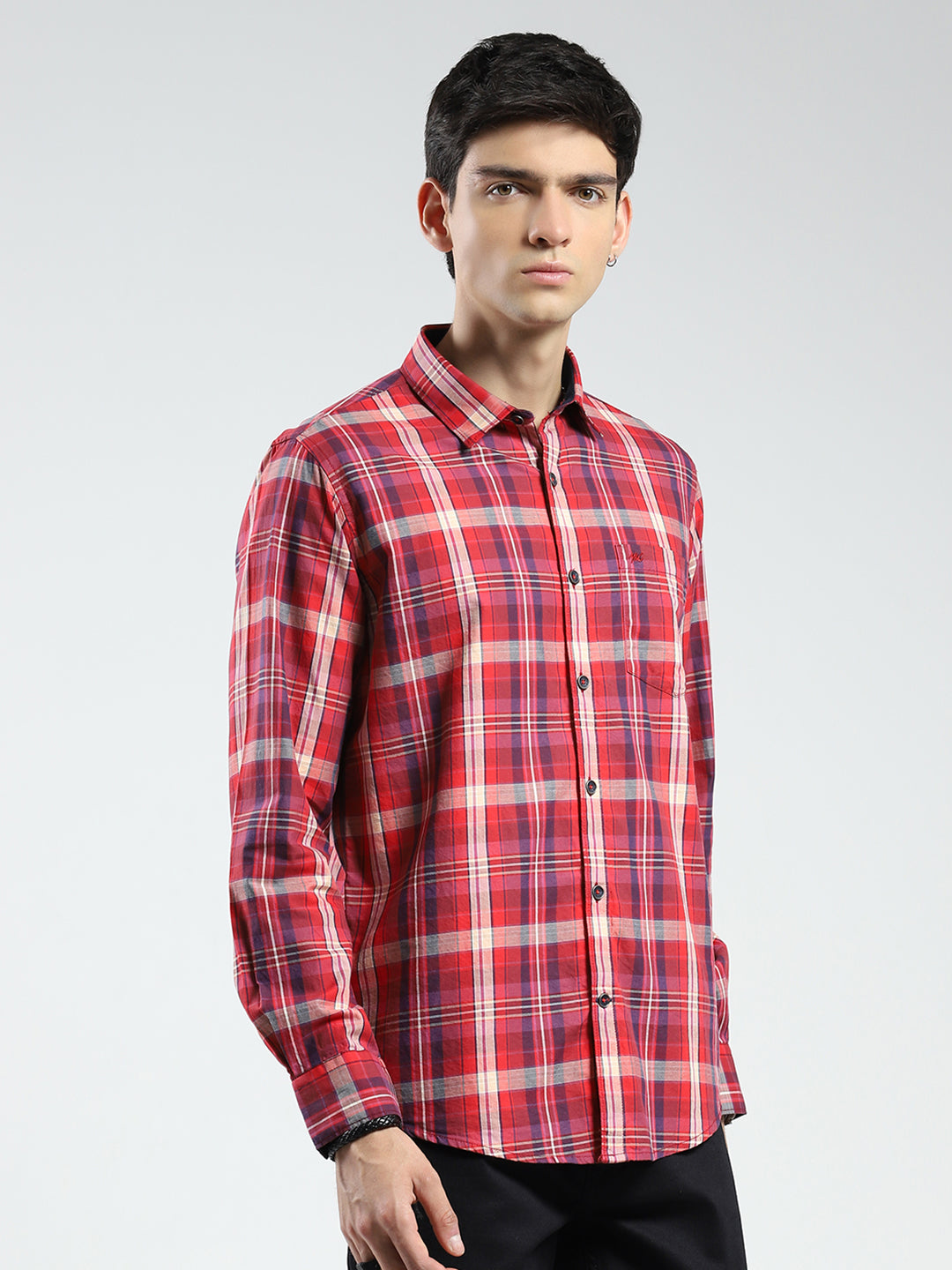 Men Red Check Collar Full Sleeve Shirt