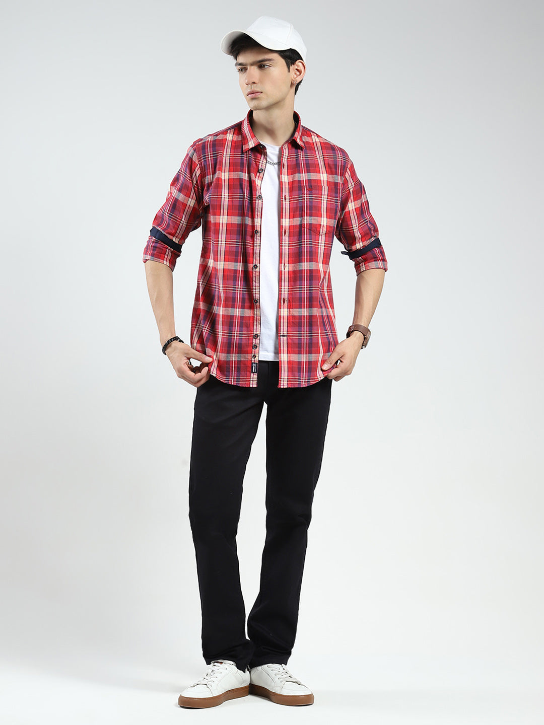 Men Red Check Collar Full Sleeve Shirt