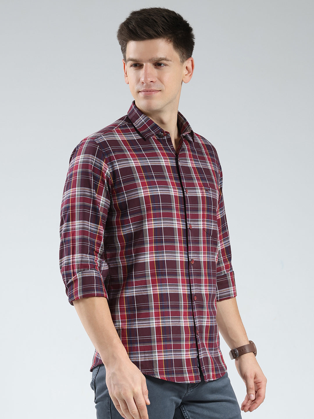 Men Red Check Collar Full Sleeve Shirt