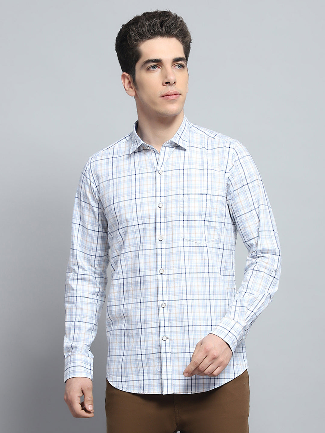 Men White Check Collar Full Sleeve Shirt