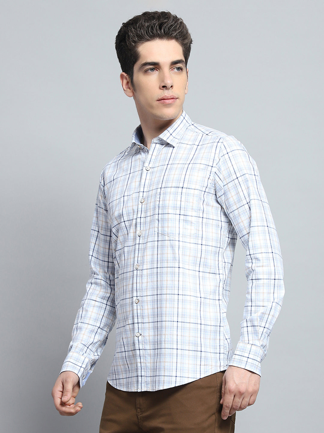 Men White Check Collar Full Sleeve Shirt