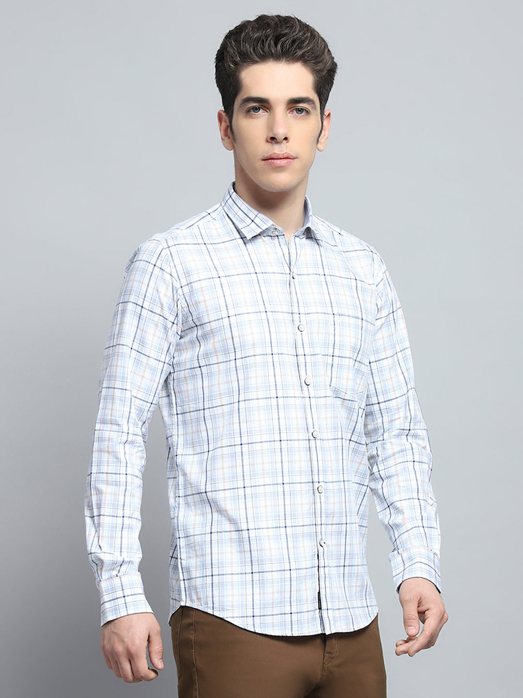 Men White Check Collar Full Sleeve Shirt