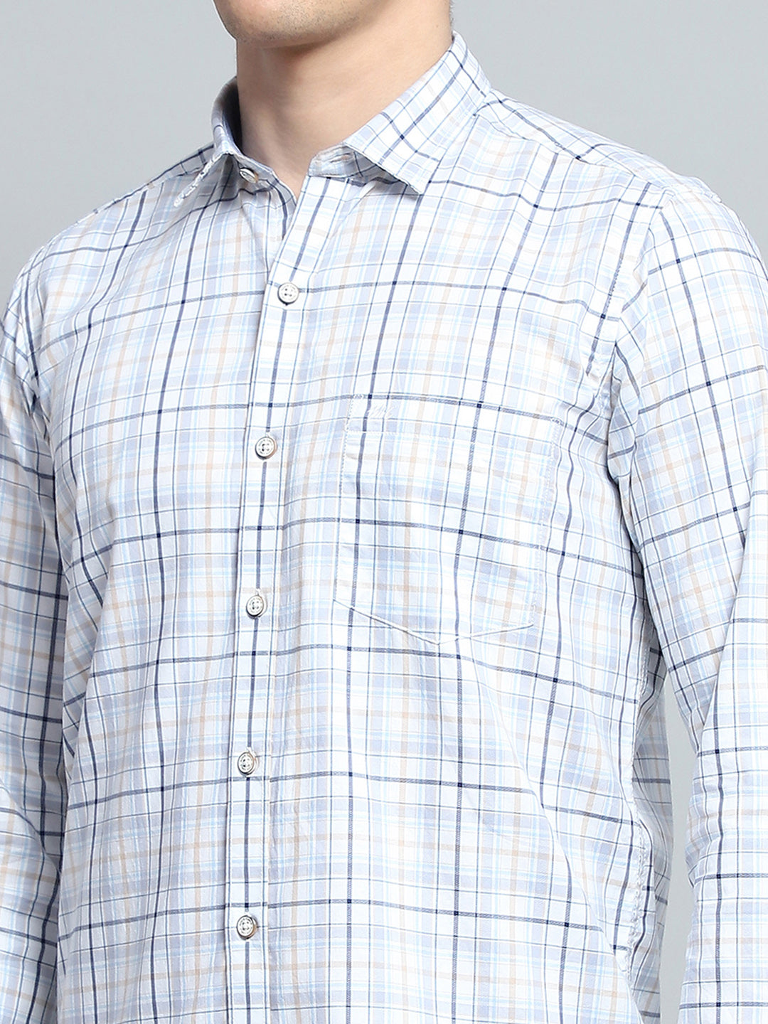 Men White Check Collar Full Sleeve Shirt