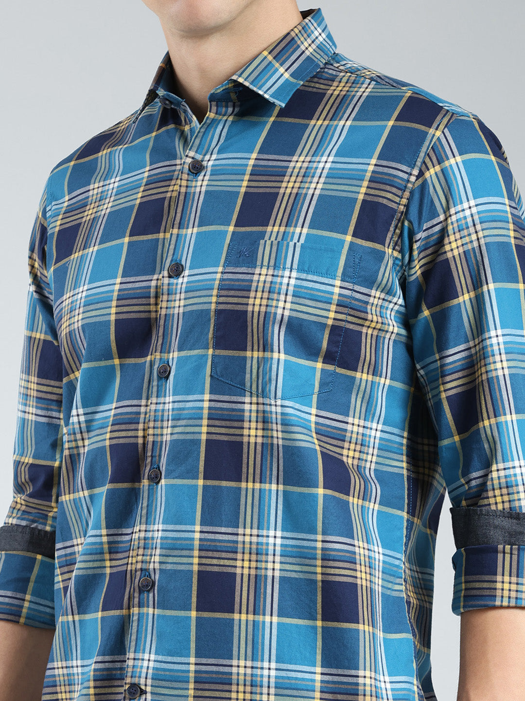Men Blue Check Collar Full Sleeve Shirt