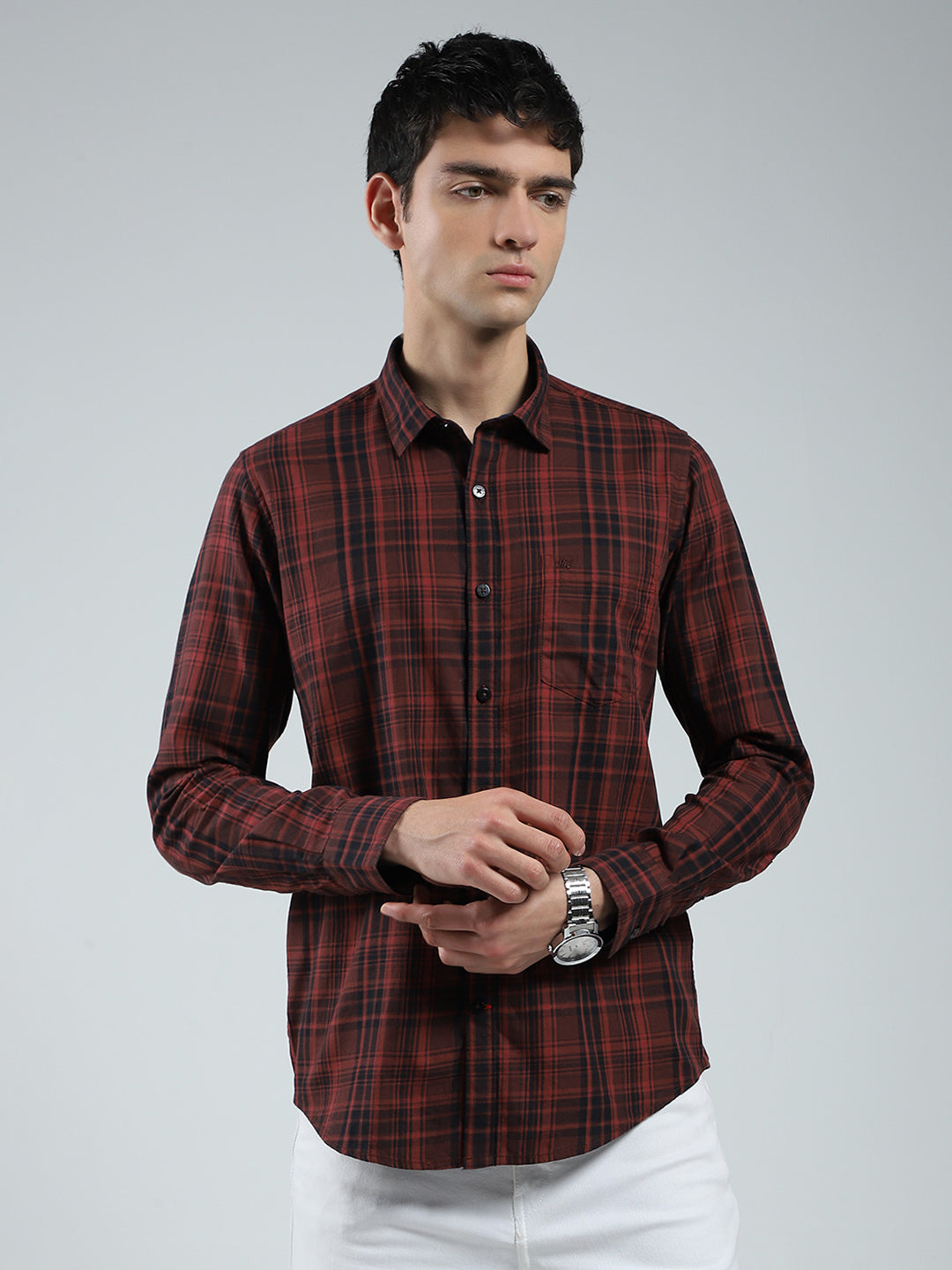 Men Maroon Check Collar Full Sleeve Shirt