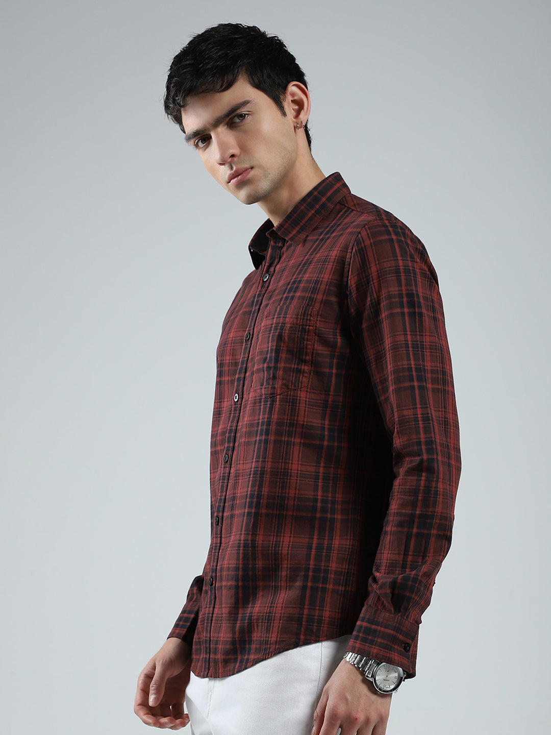Men Maroon Check Collar Full Sleeve Shirt