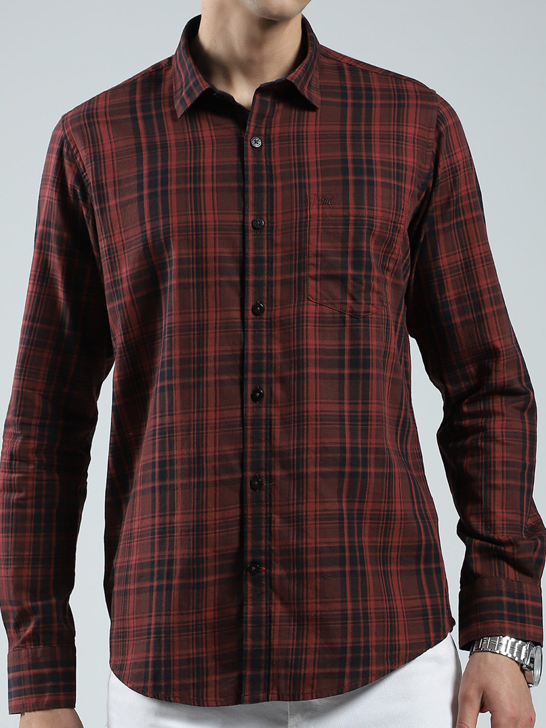 Men Maroon Check Collar Full Sleeve Shirt