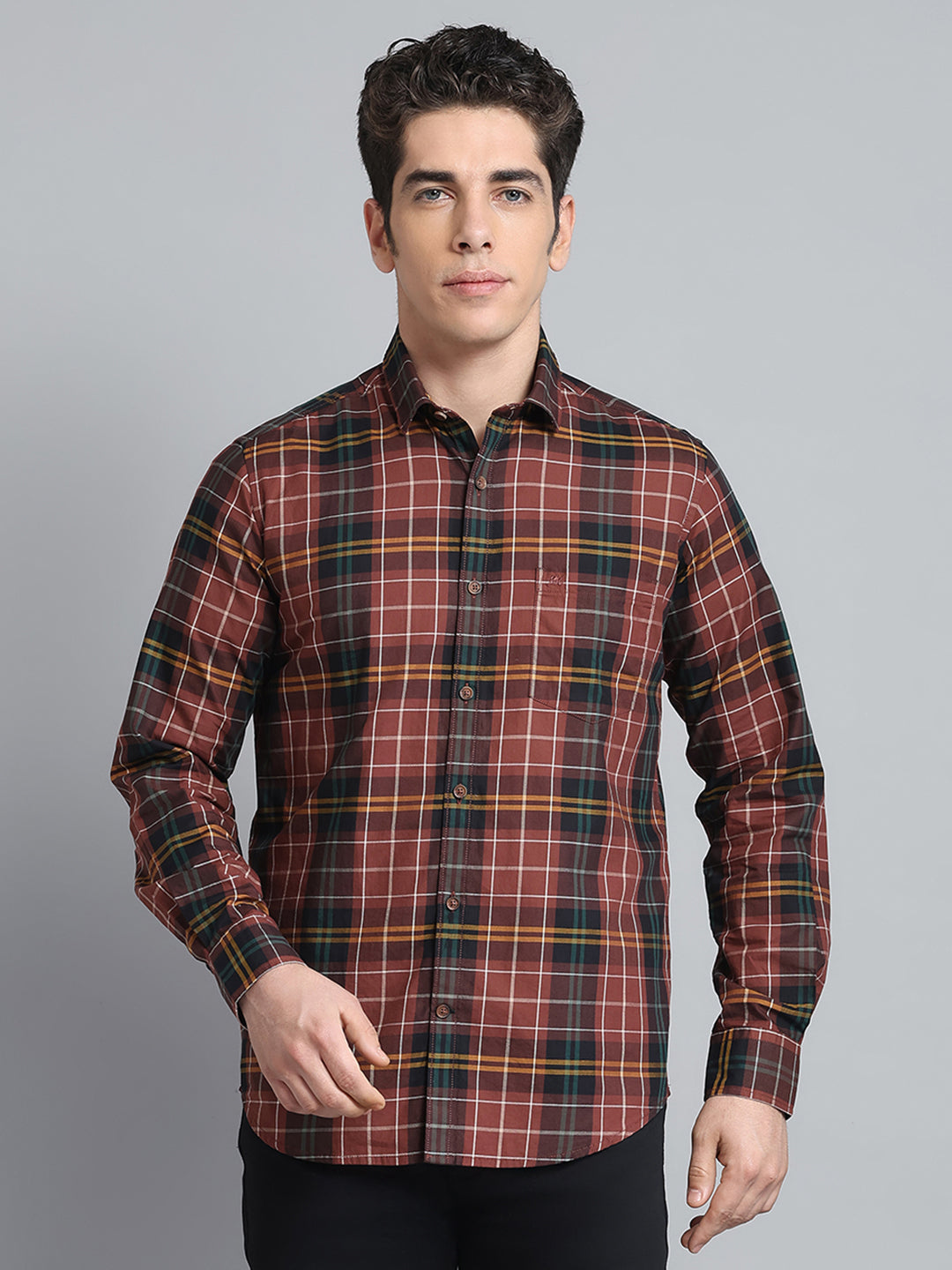 Men Brown Check Collar Full Sleeve Shirt