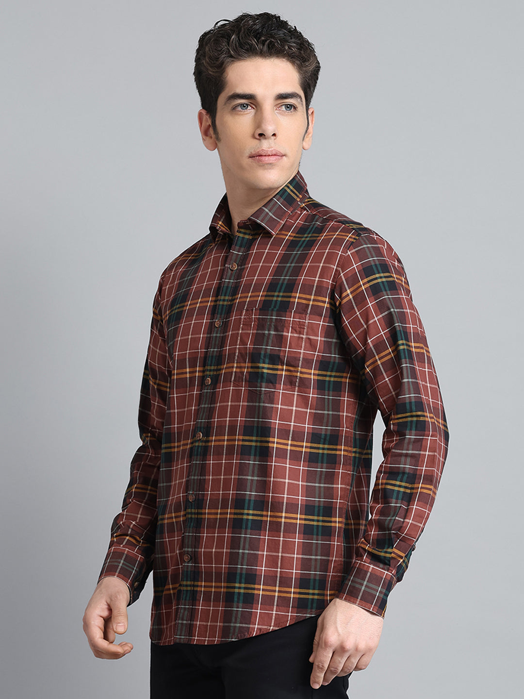 Men Brown Check Collar Full Sleeve Shirt