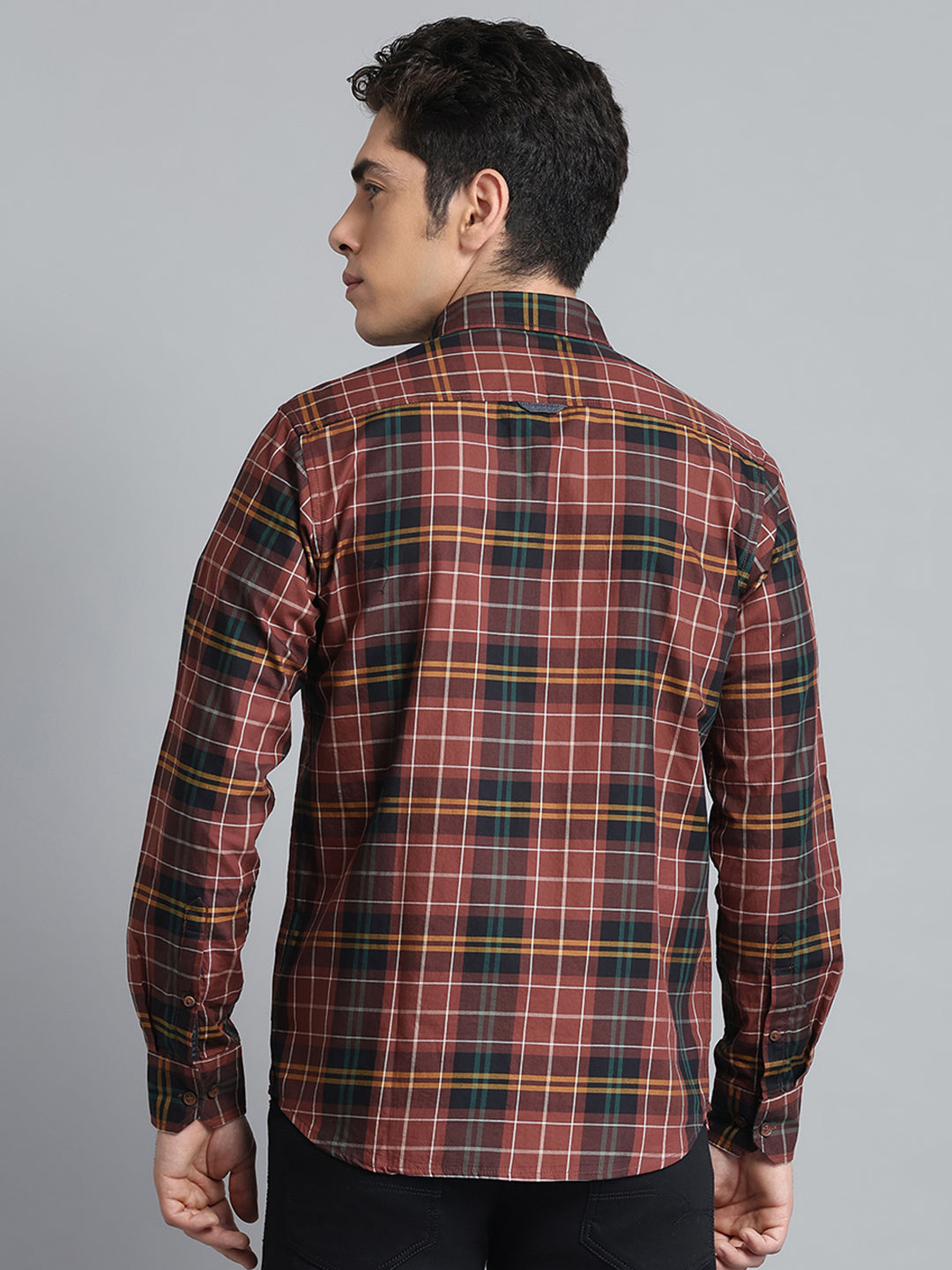 Men Brown Check Collar Full Sleeve Shirt