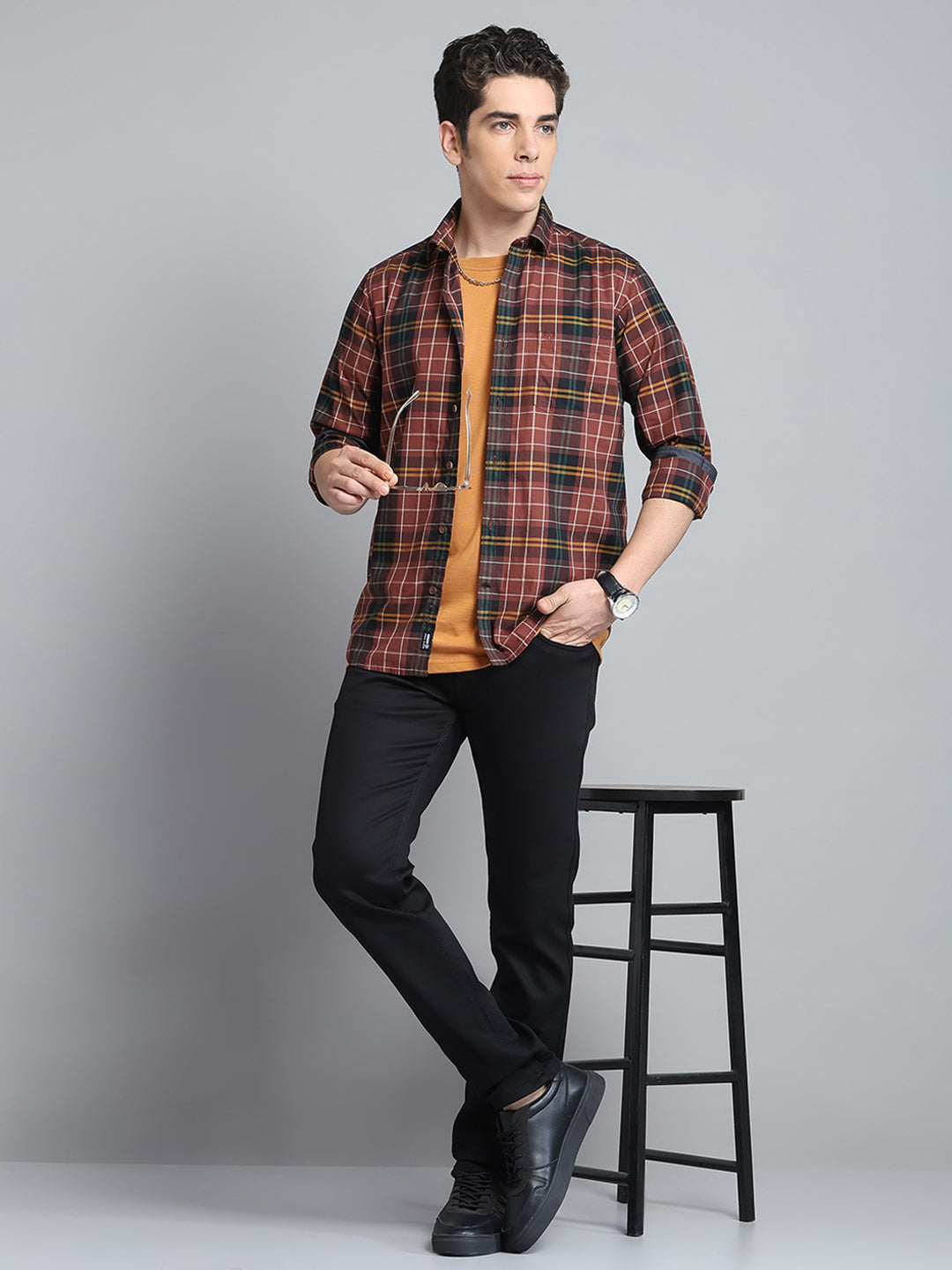 Men Brown Check Collar Full Sleeve Shirt