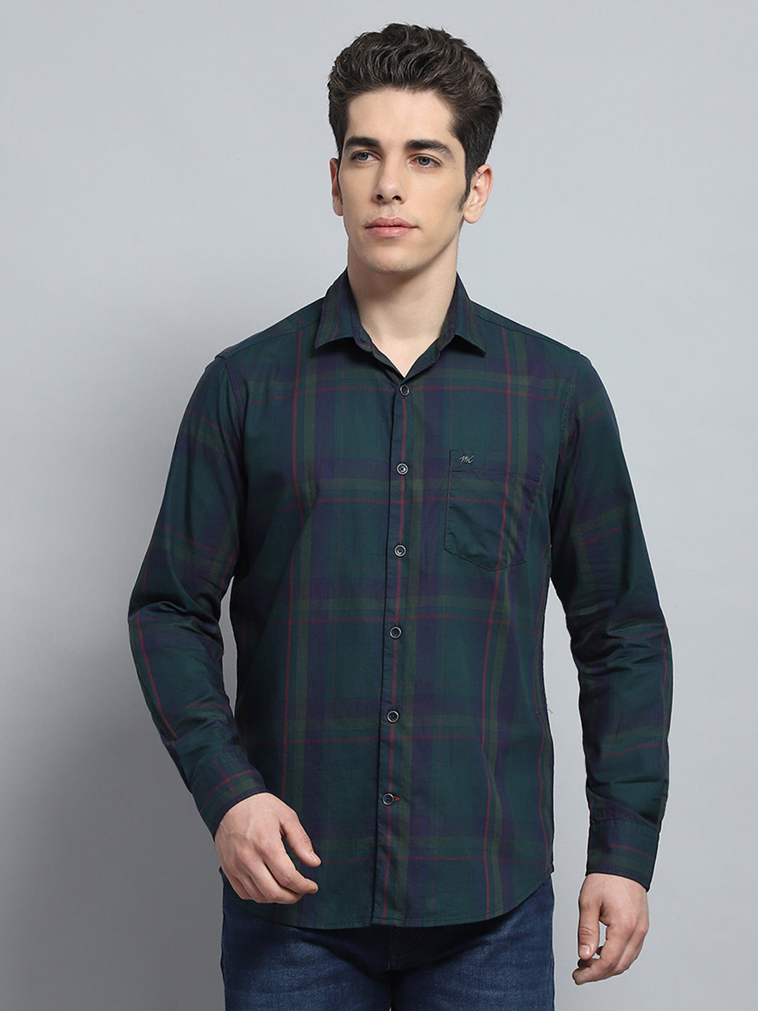 Men Green Check Collar Full Sleeve Shirt