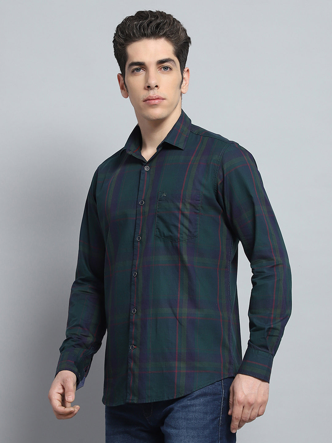 Men Green Check Collar Full Sleeve Shirt