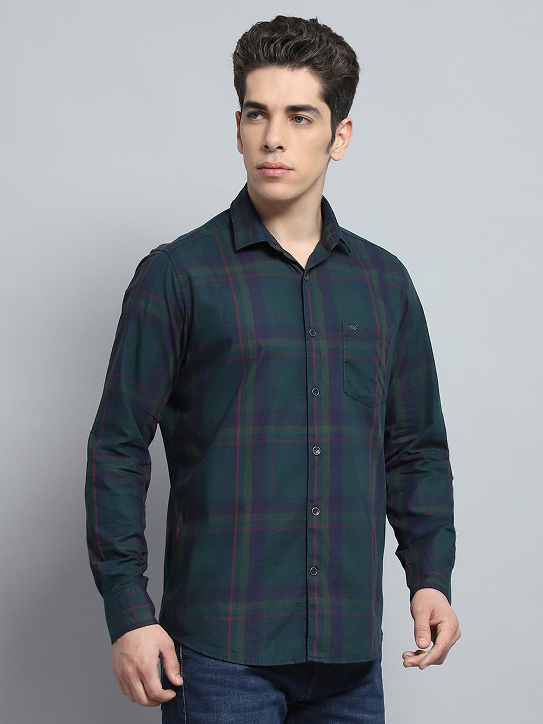 Men Green Check Collar Full Sleeve Shirt