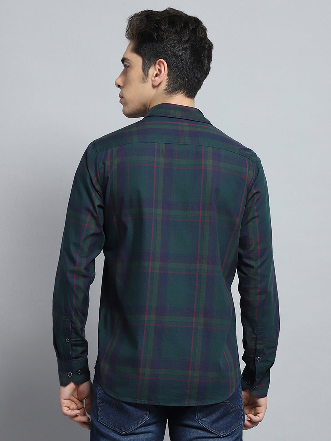 Men Green Check Collar Full Sleeve Shirt