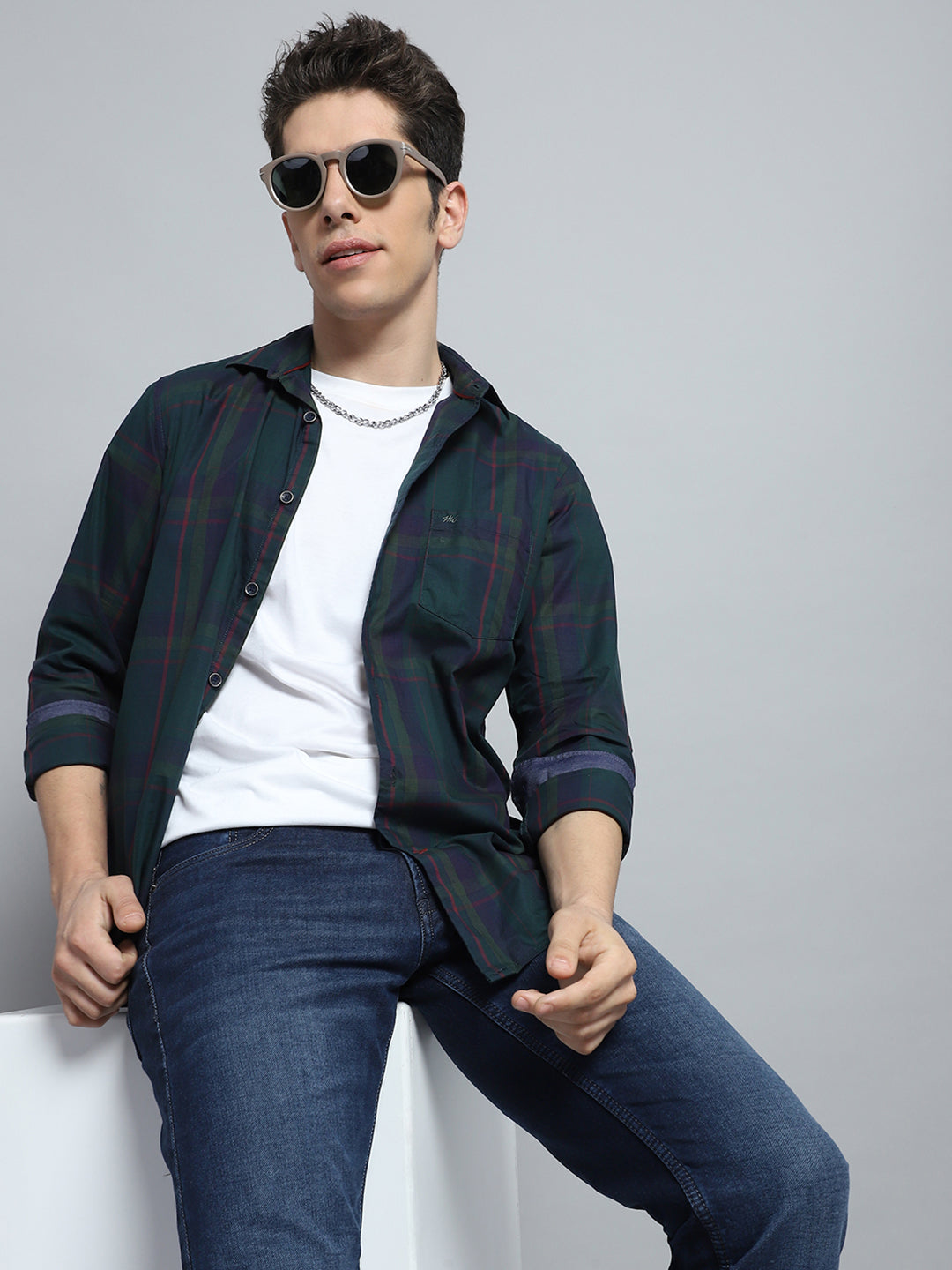 Men Green Check Collar Full Sleeve Shirt