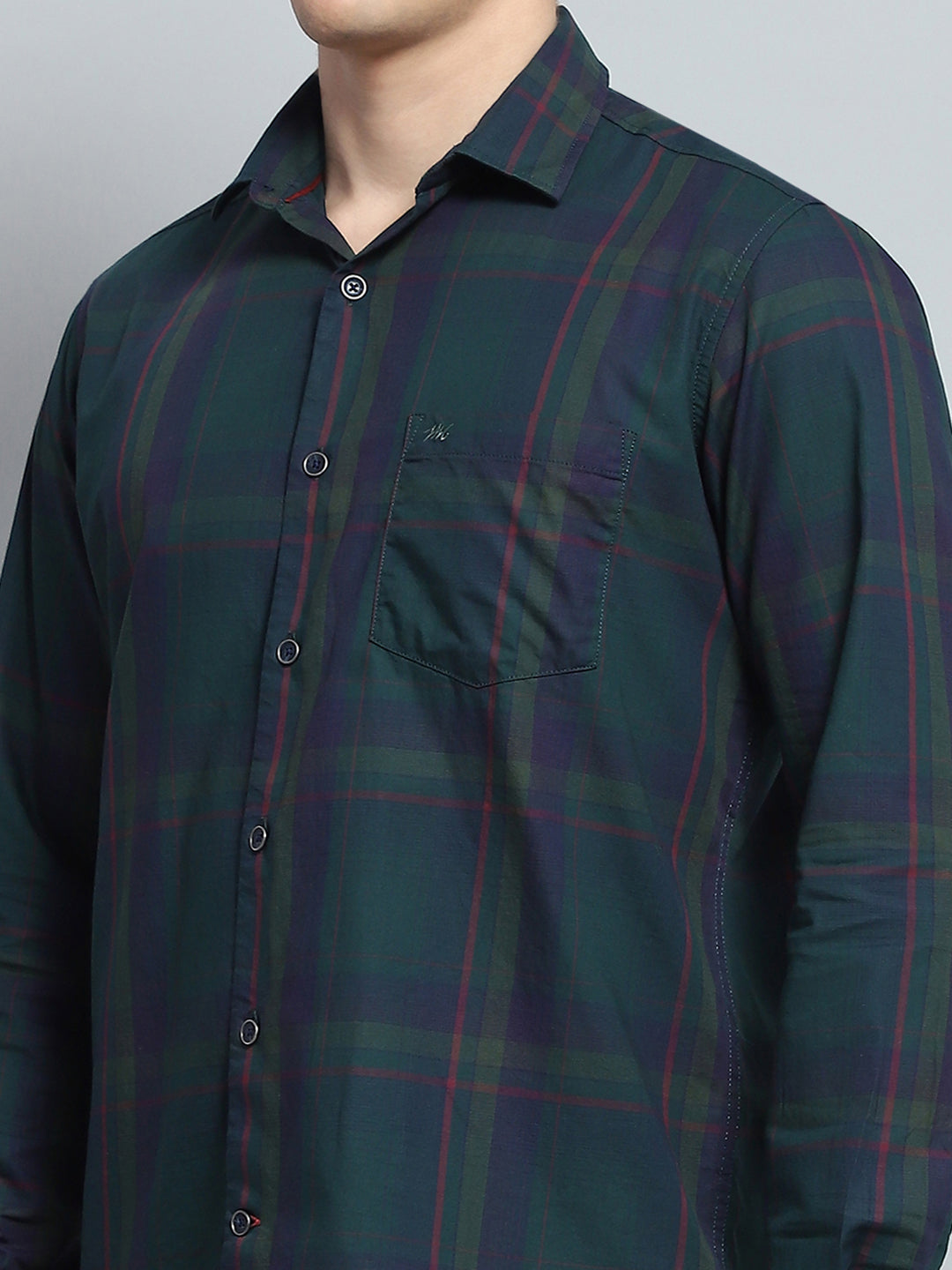 Men Green Check Collar Full Sleeve Shirt