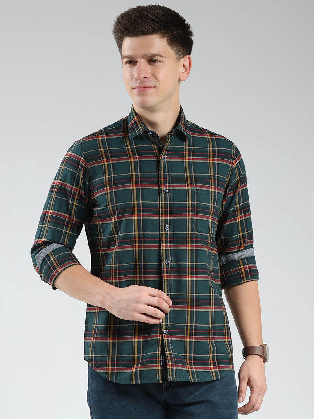 Men Green Check Collar Full Sleeve Shirt