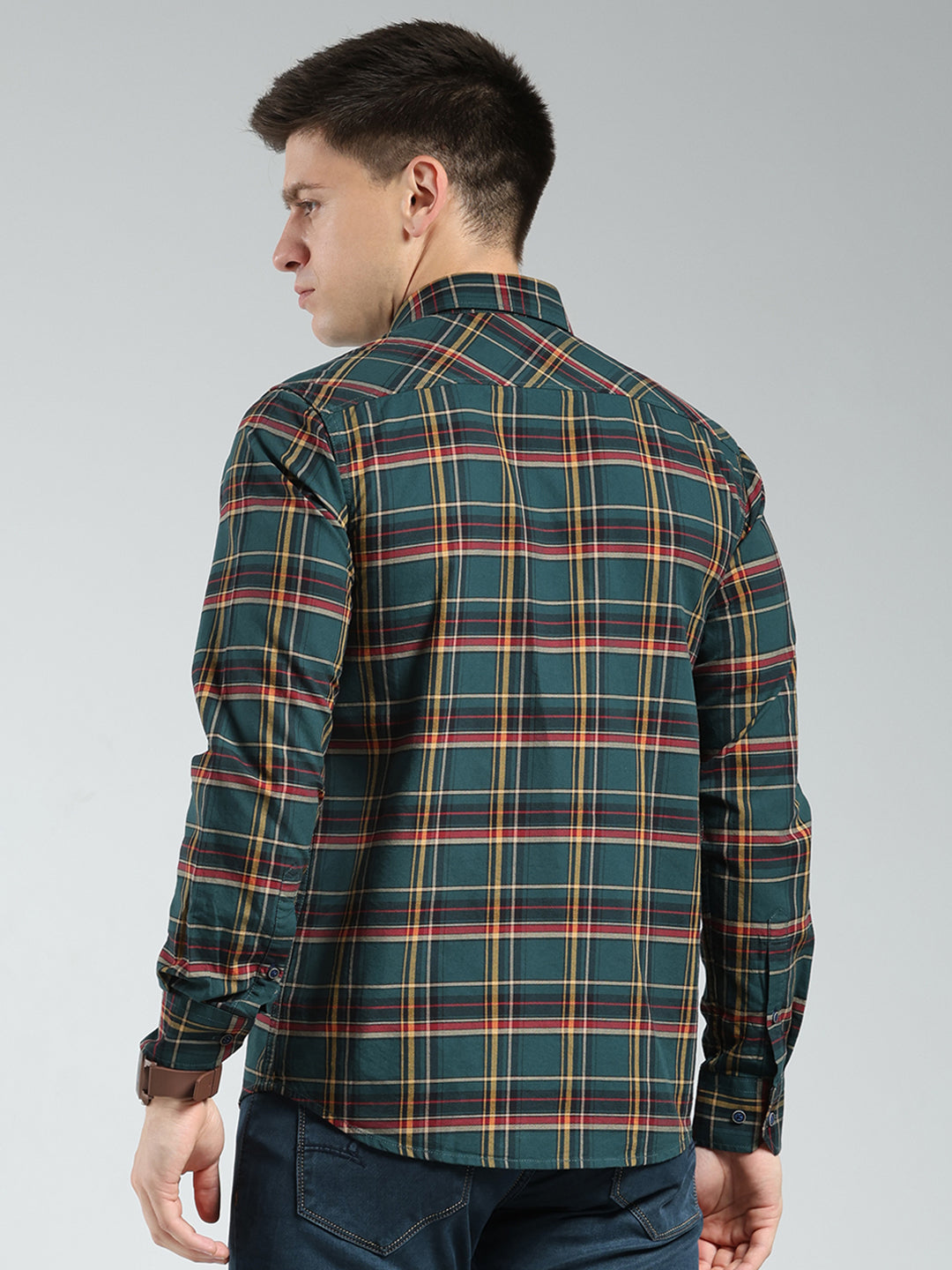 Men Green Check Collar Full Sleeve Shirt