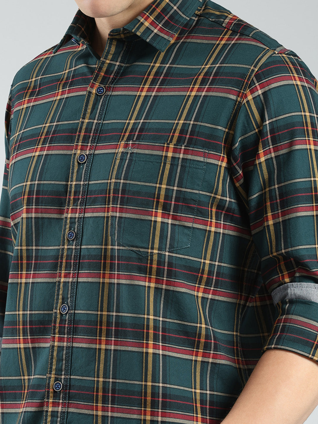 Men Green Check Collar Full Sleeve Shirt