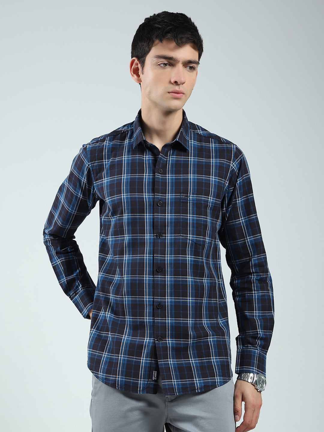 Men Navy Blue Check Collar Full Sleeve Shirt