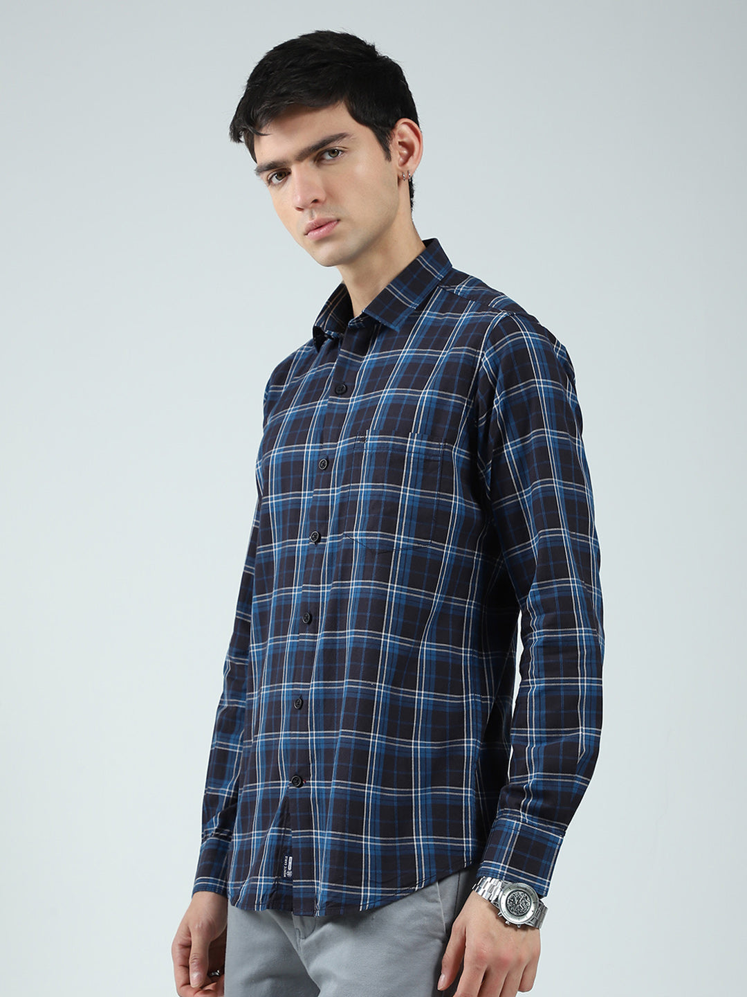 Men Navy Blue Check Collar Full Sleeve Shirt