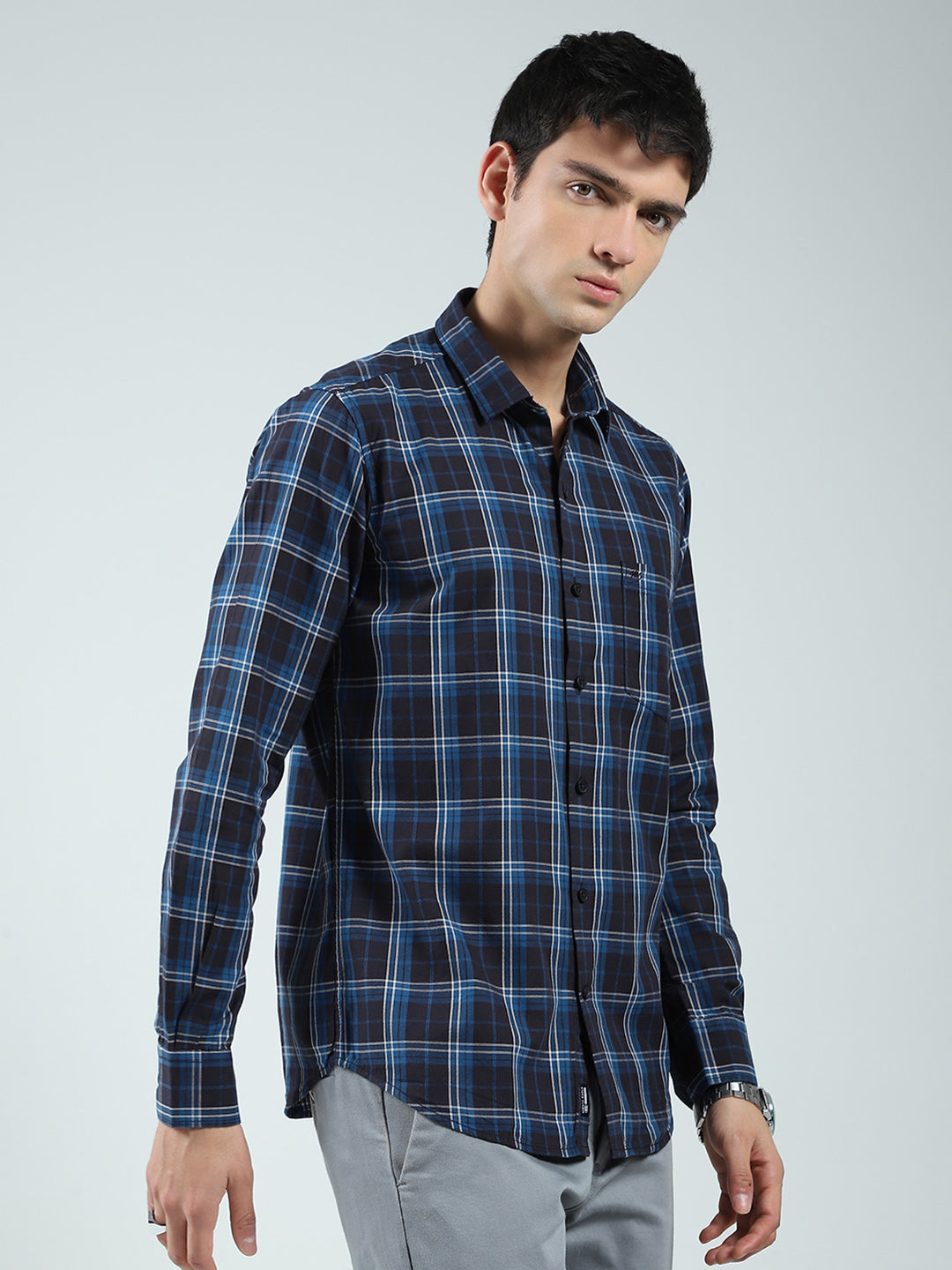 Men Navy Blue Check Collar Full Sleeve Shirt