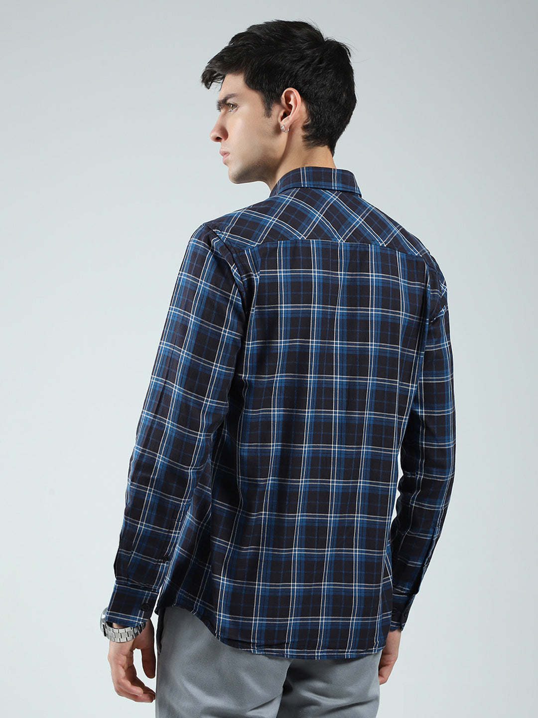 Men Navy Blue Check Collar Full Sleeve Shirt