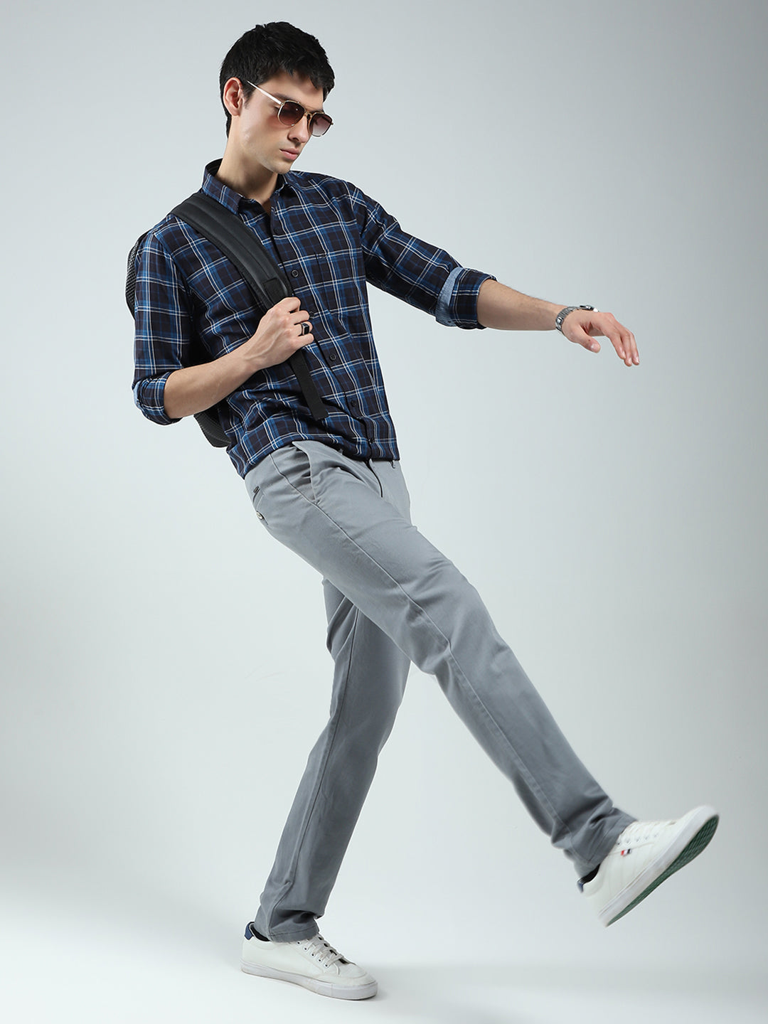 Men Navy Blue Check Collar Full Sleeve Shirt