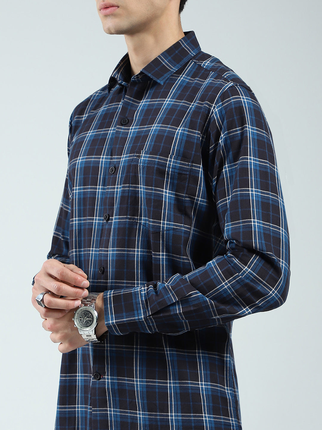 Men Navy Blue Check Collar Full Sleeve Shirt