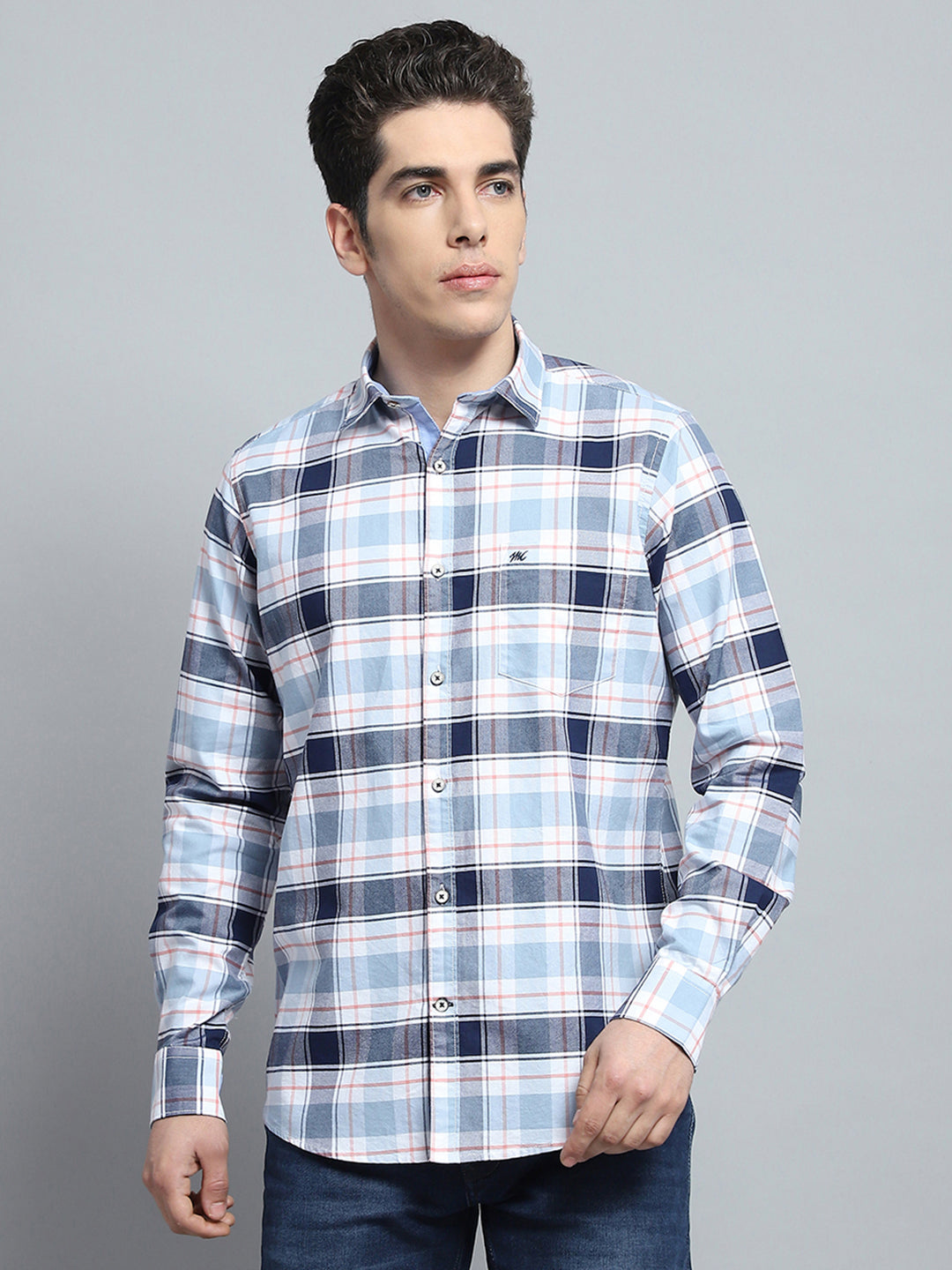 Men Blue Check Collar Full Sleeve Shirt