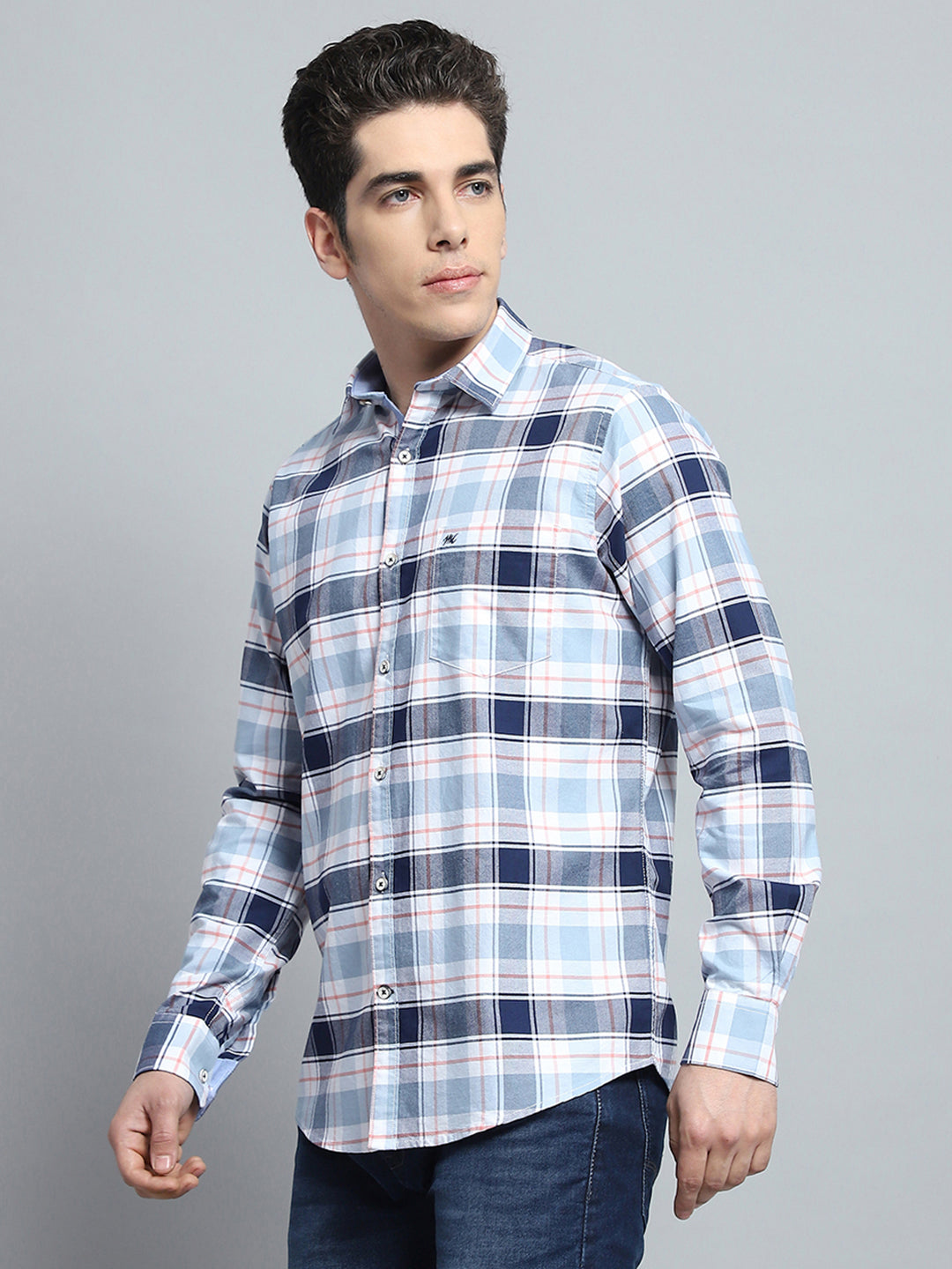 Men Blue Check Collar Full Sleeve Shirt