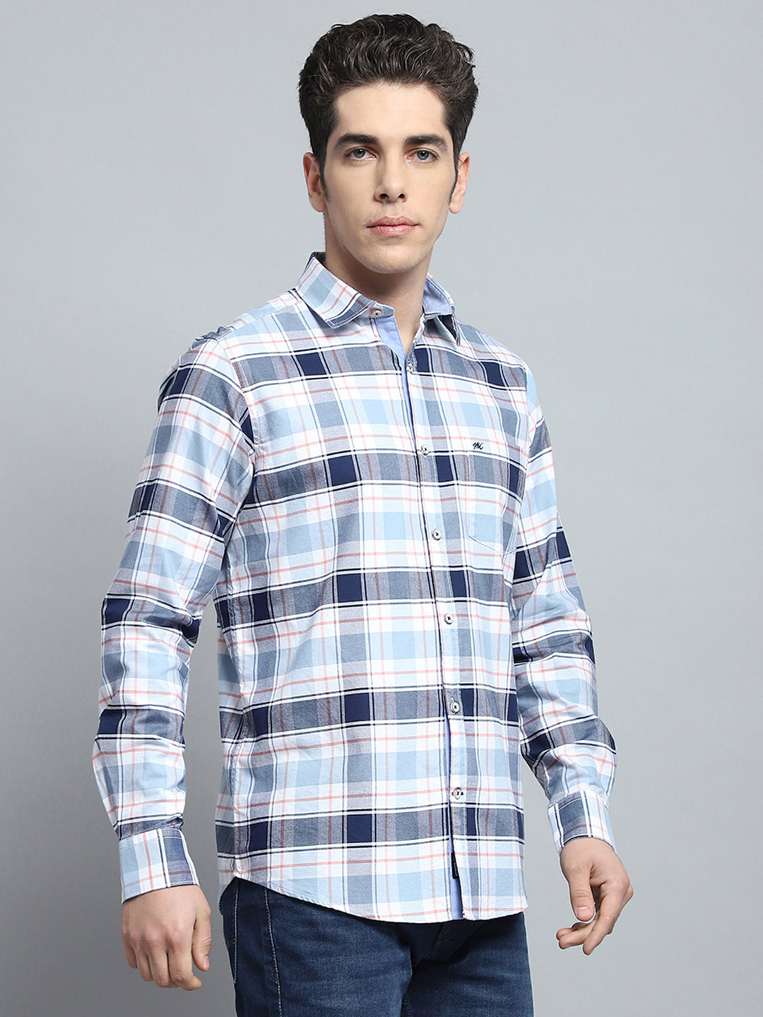 Men Blue Check Collar Full Sleeve Shirt