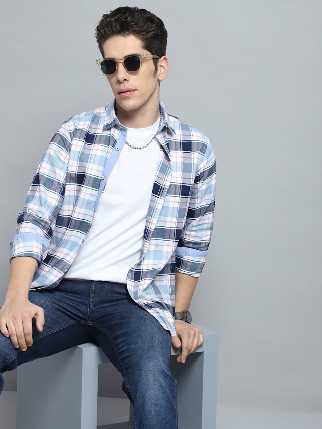 Men Blue Check Collar Full Sleeve Shirt