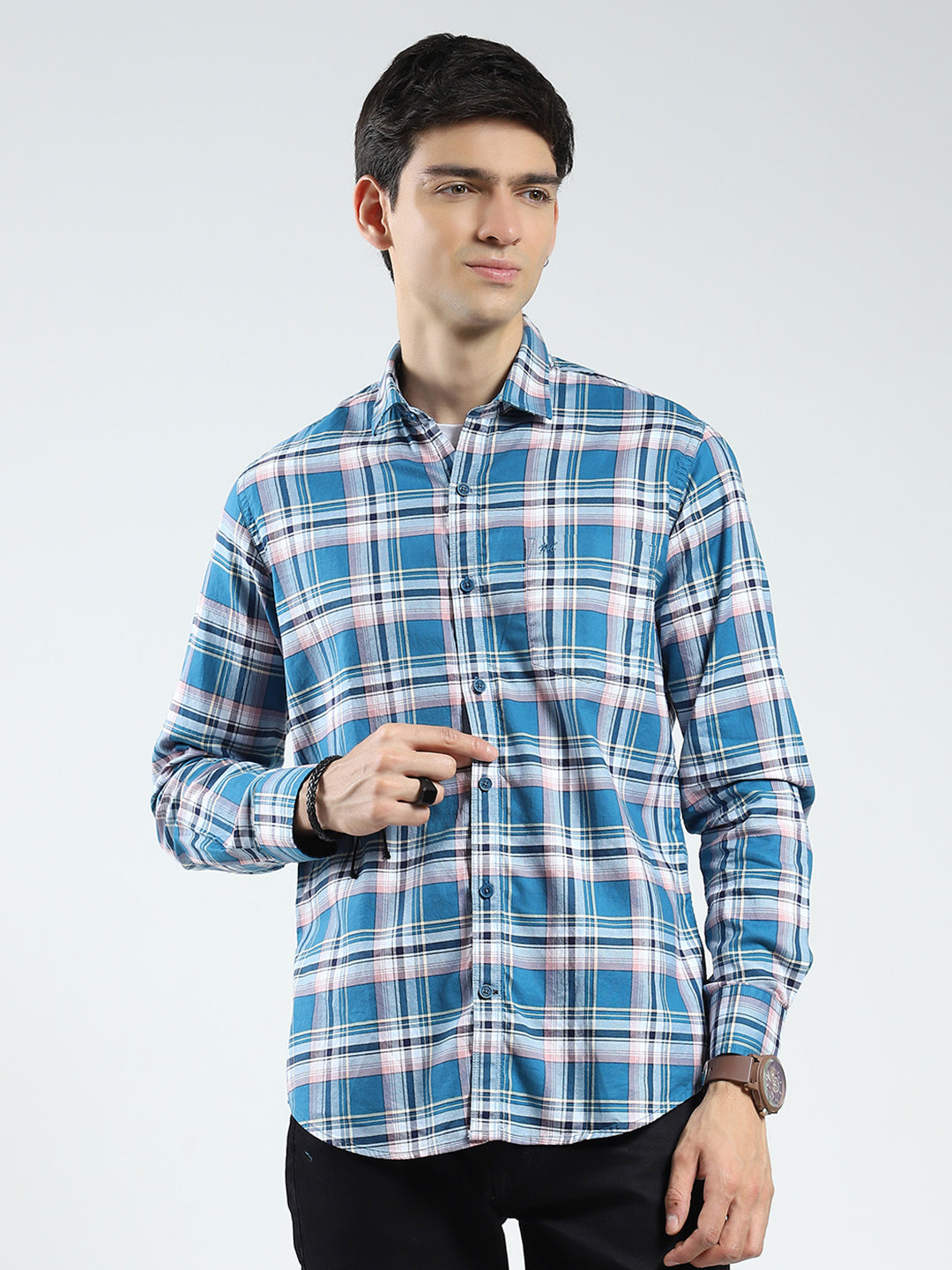 Men Blue Check Collar Full Sleeve Shirt