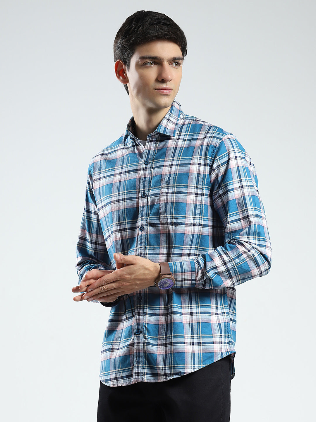 Men Blue Check Collar Full Sleeve Shirt