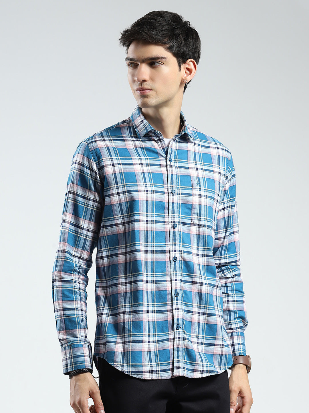 Men Blue Check Collar Full Sleeve Shirt