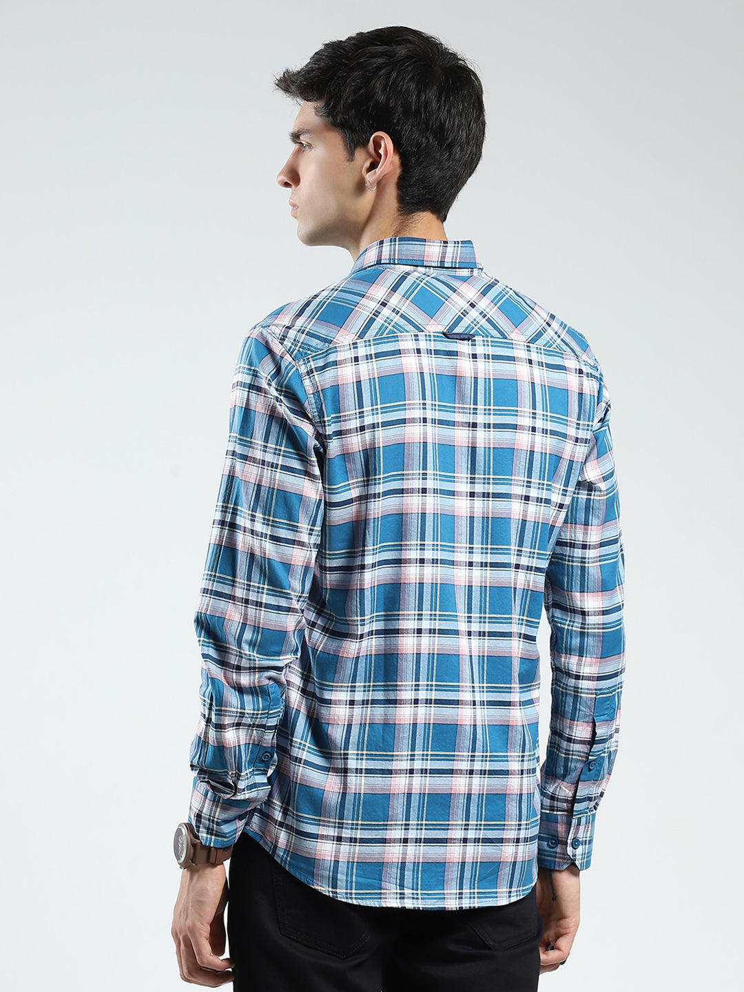 Men Blue Check Collar Full Sleeve Shirt