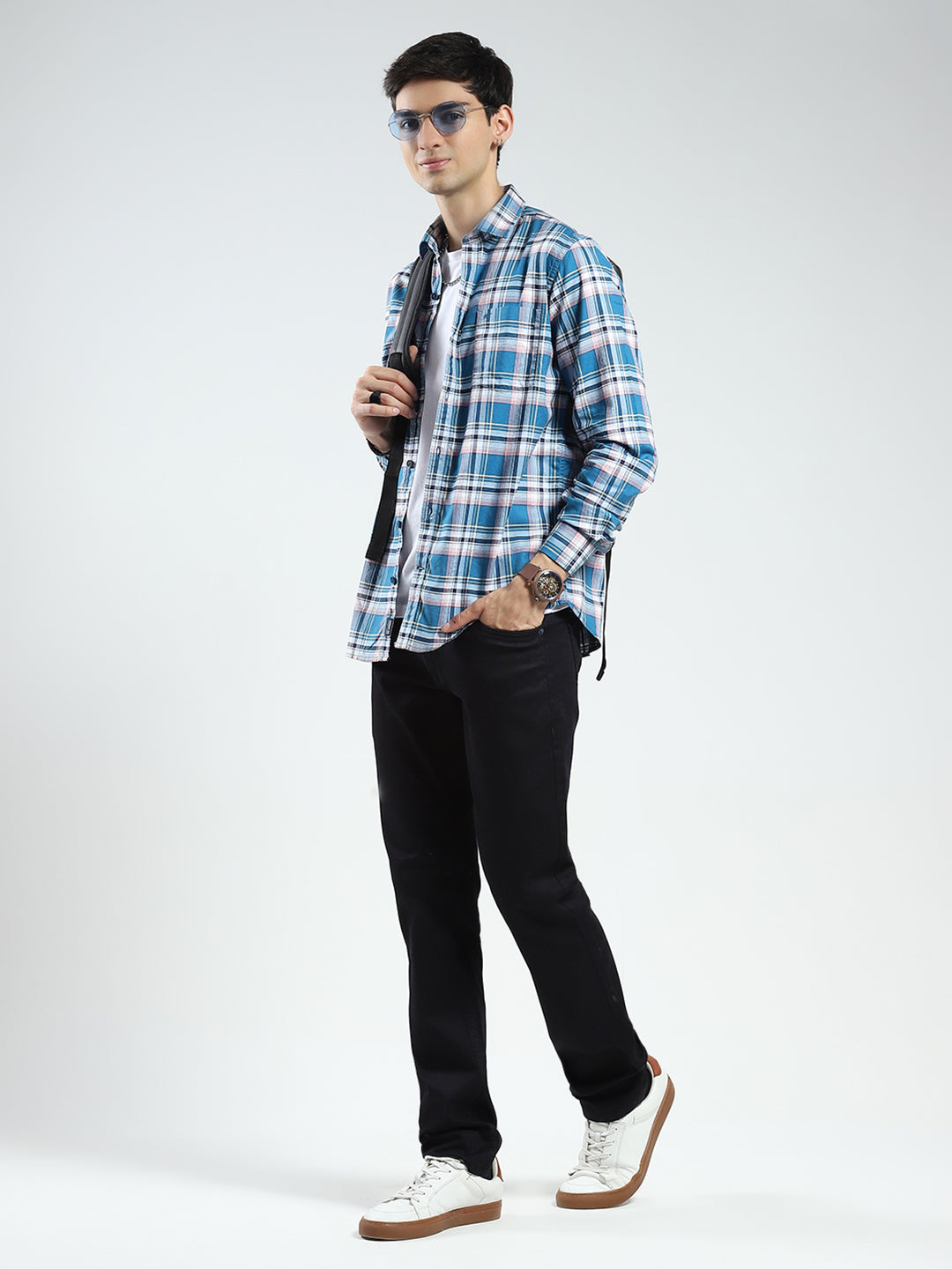 Men Blue Check Collar Full Sleeve Shirt