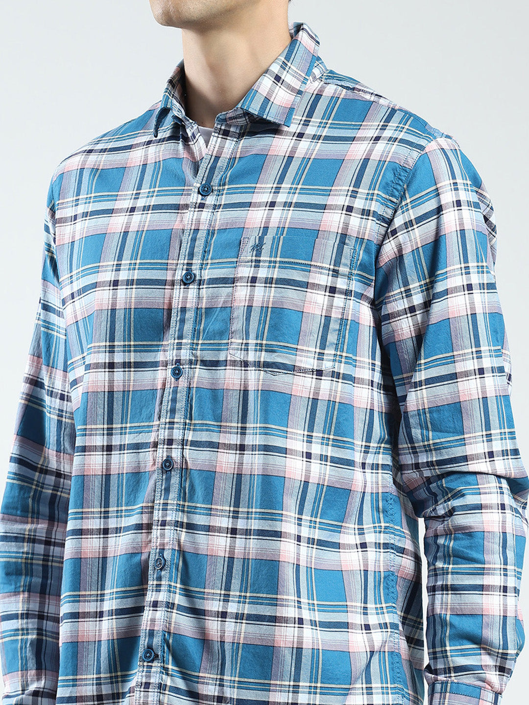Men Blue Check Collar Full Sleeve Shirt
