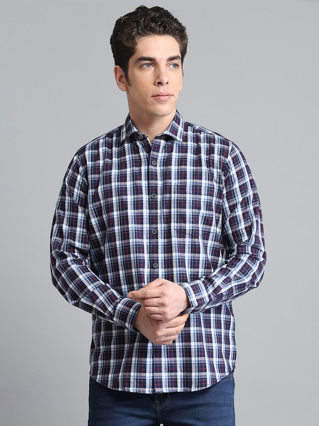 Men Navy Blue Check Collar Full Sleeve Shirt
